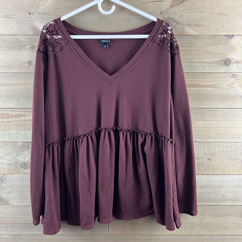 Torrid Womens‎ Shirt Knit Vneck Lace Inset Long Sleeve Babydoll Burgundy 1 1X
